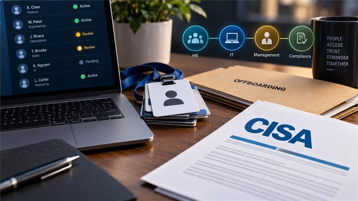 Editorial image of a business leadership team reviewing insider risk, employee access, and reporting workflows with a CISA guidance signal.