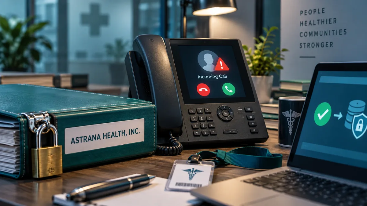 A healthcare office access desk with a spoofed caller warning and remote access approval prompt, shown as editorial technology artwork.