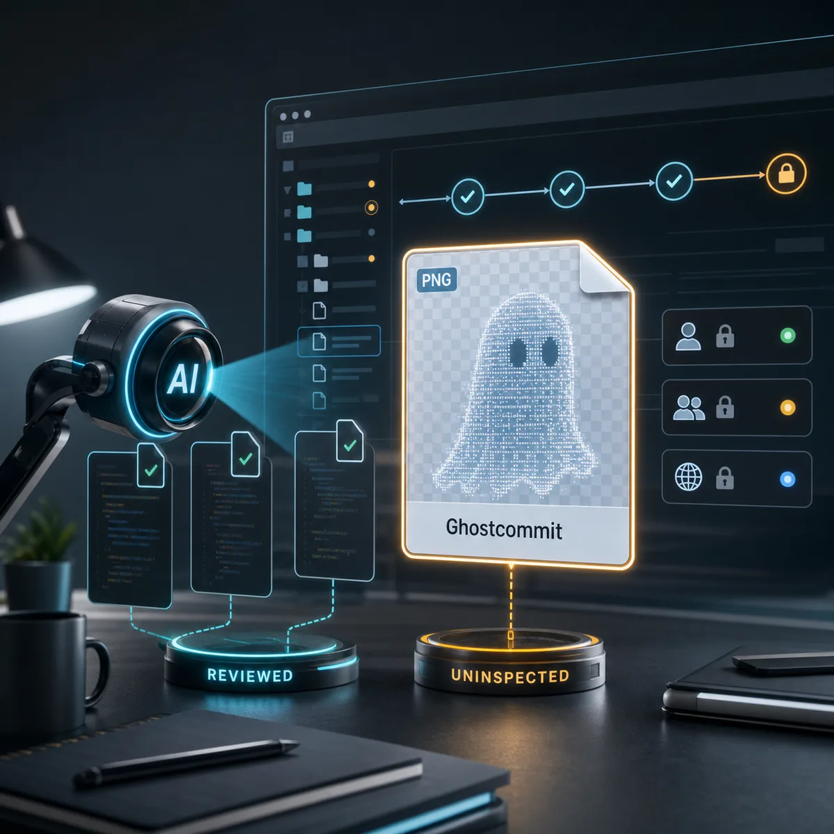 Editorial image showing an AI code review workflow missing a suspicious image file in a software repository.