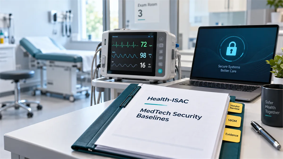 Editorial image of connected medical devices, procurement documents, and cybersecurity evidence review.