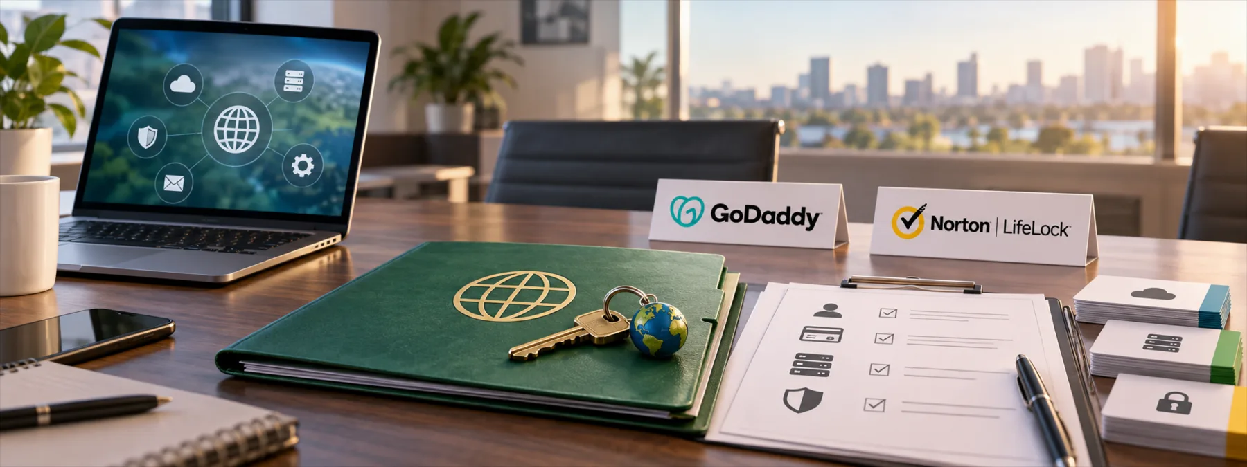 Editorial image of a small business owner reviewing domain, DNS, hosting, and security account ownership on a desk with a laptop and account inventory notes.