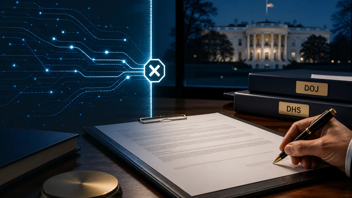Editorial image of a federal cyber operations contract review with DOJ and DHS oversight signals and a business owner approval boundary.