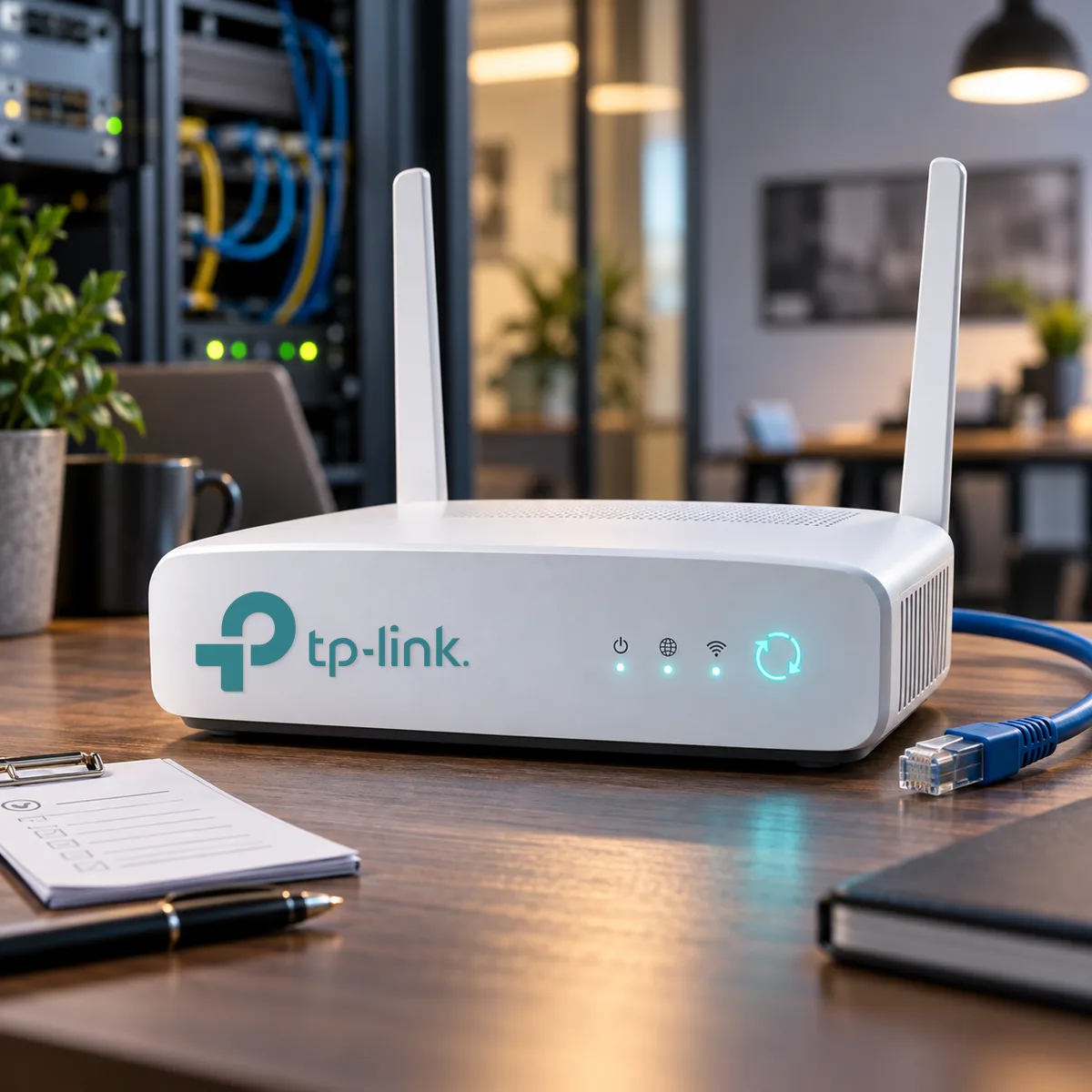 A small business router at the network edge with update and accountability signals in a modern office setting.