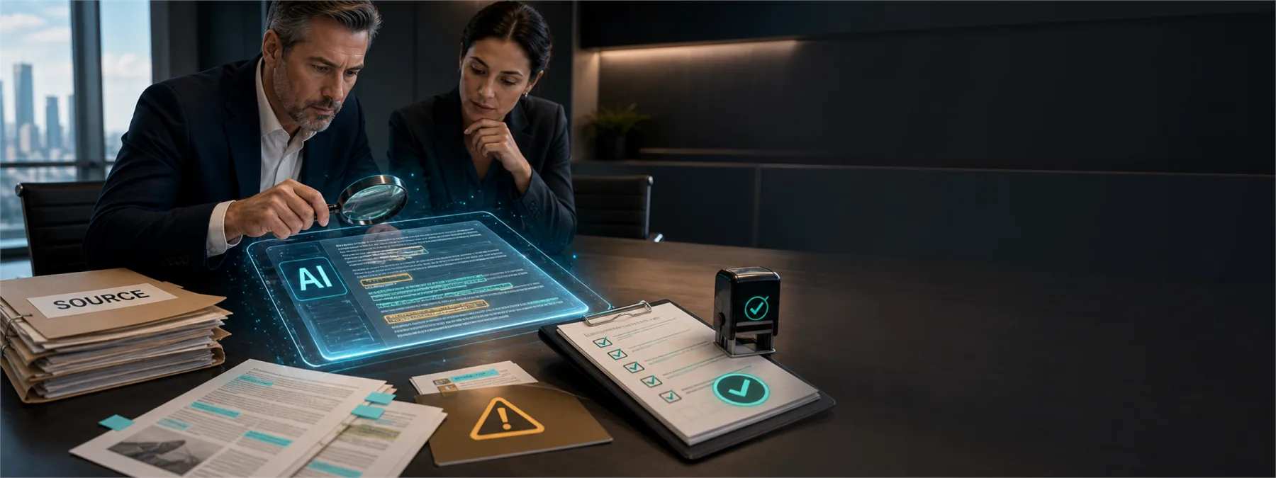 Editorial image showing AI report source verification before business approval.
