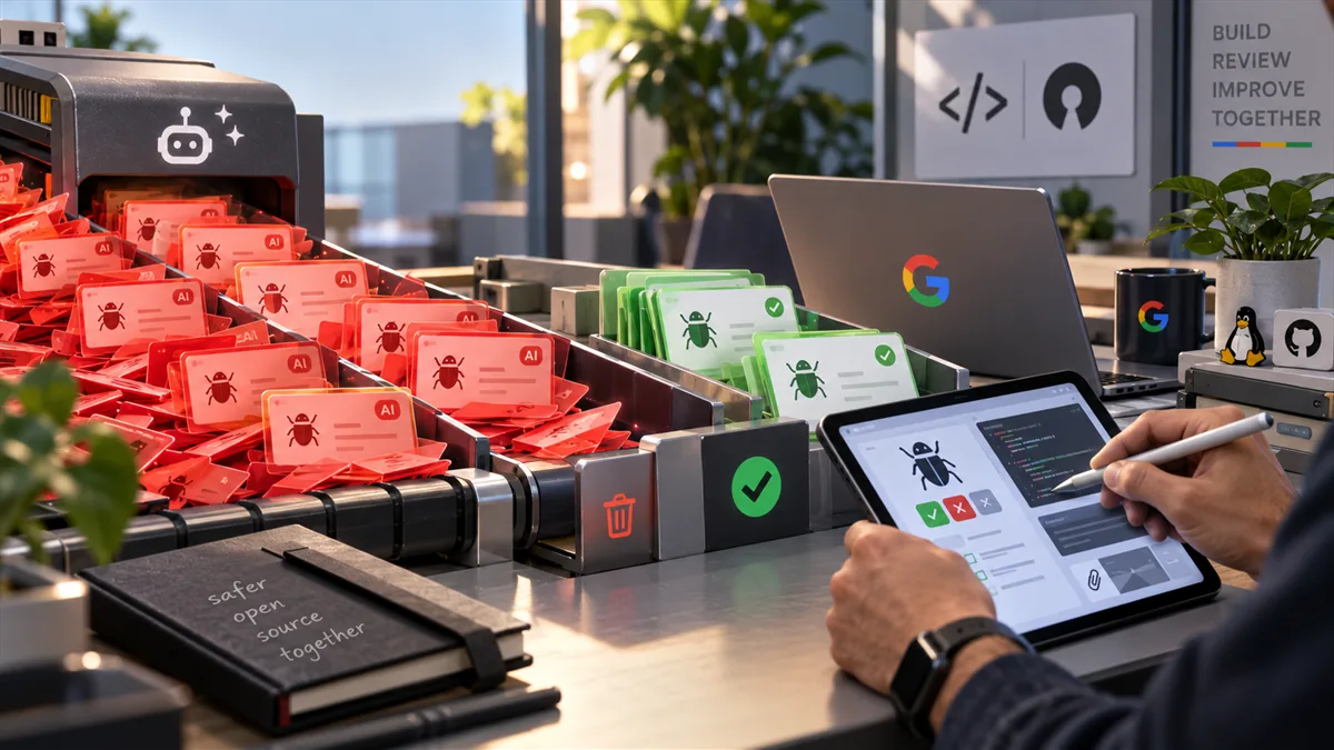 Editorial artwork showing a security intake desk sorting AI-generated vulnerability reports from validated findings.