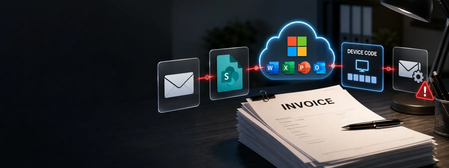 Editorial image about ARToken Microsoft 365 device-code phishing, invoice fraud, SharePoint links, and business email compromise risk.
