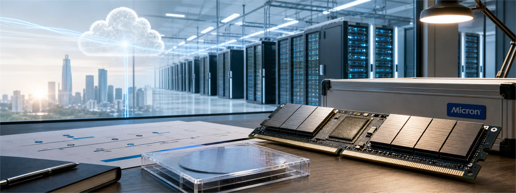 Editorial image of an AI data center memory module supply chain connected to a business planning desk.