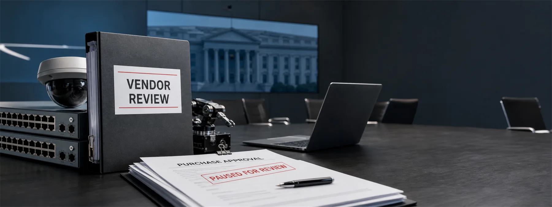 Editorial image of a business owner reviewing a technology vendor approval file against a government restricted-vendor list.