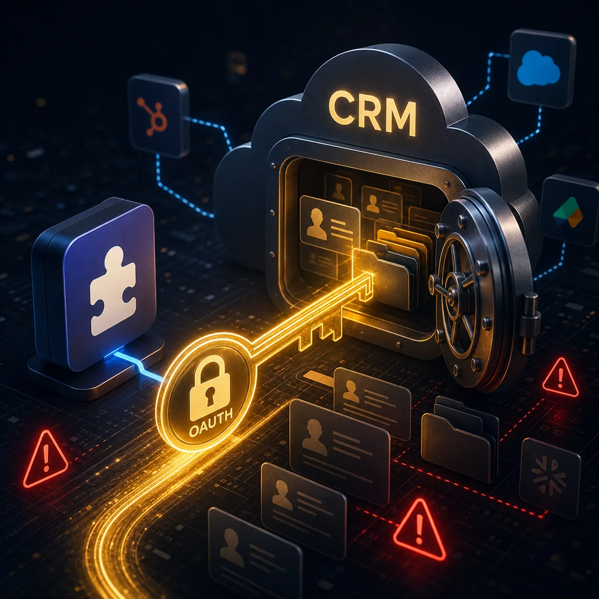 Editorial image of a trusted SaaS app connection opening access to CRM records through an OAuth key.
