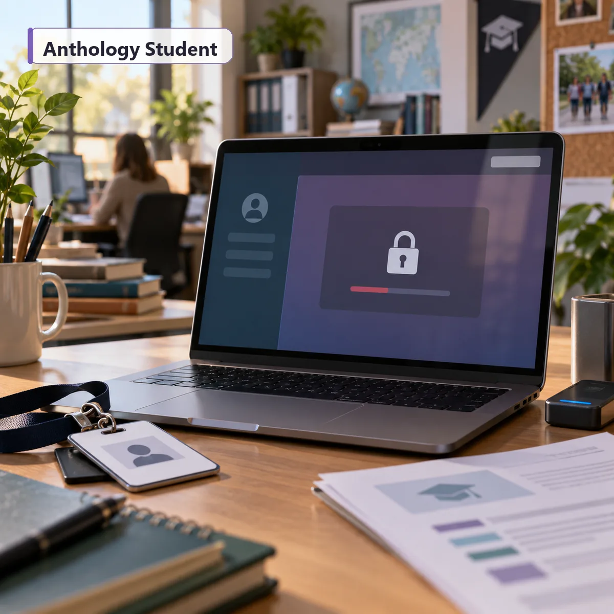 Editorial image of a school operations desk with a laptop showing a student system status dashboard and secure access controls.