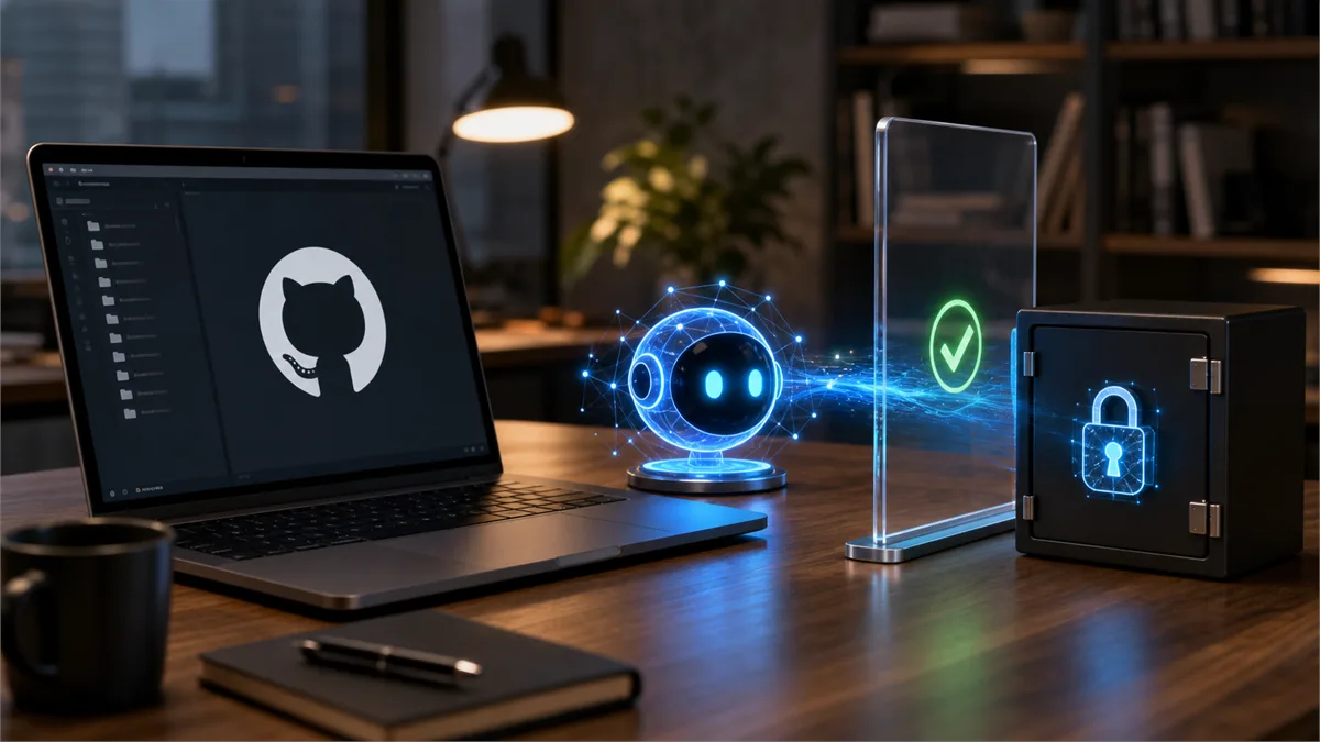 A developer workstation review scene with code repositories, approval controls, and protected credentials represented visually.