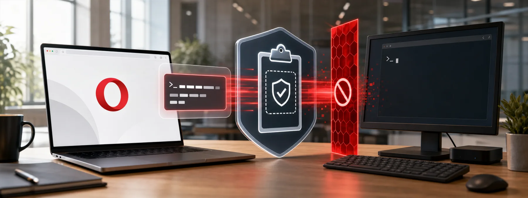 Editorial image about ClickFix attacks, browser clipboard protection, and employee command-paste risk.