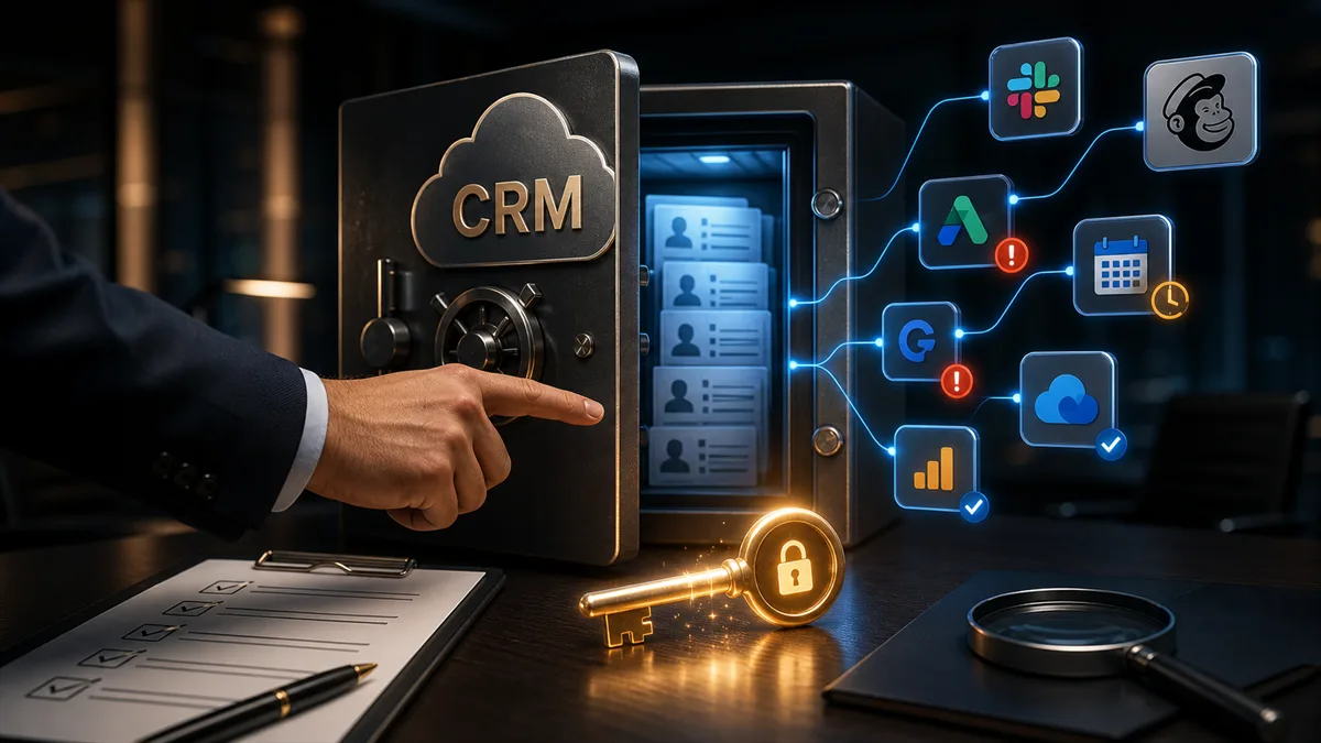 Editorial image of a trusted SaaS app connection opening access to CRM records through an OAuth key.