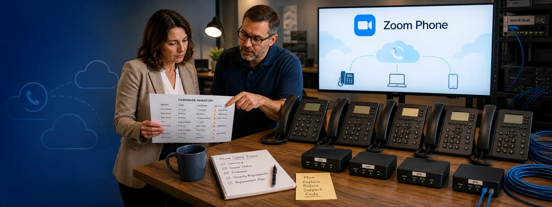 Editorial image of aging office desk phones and cloud calling hardware marked for lifecycle review.
