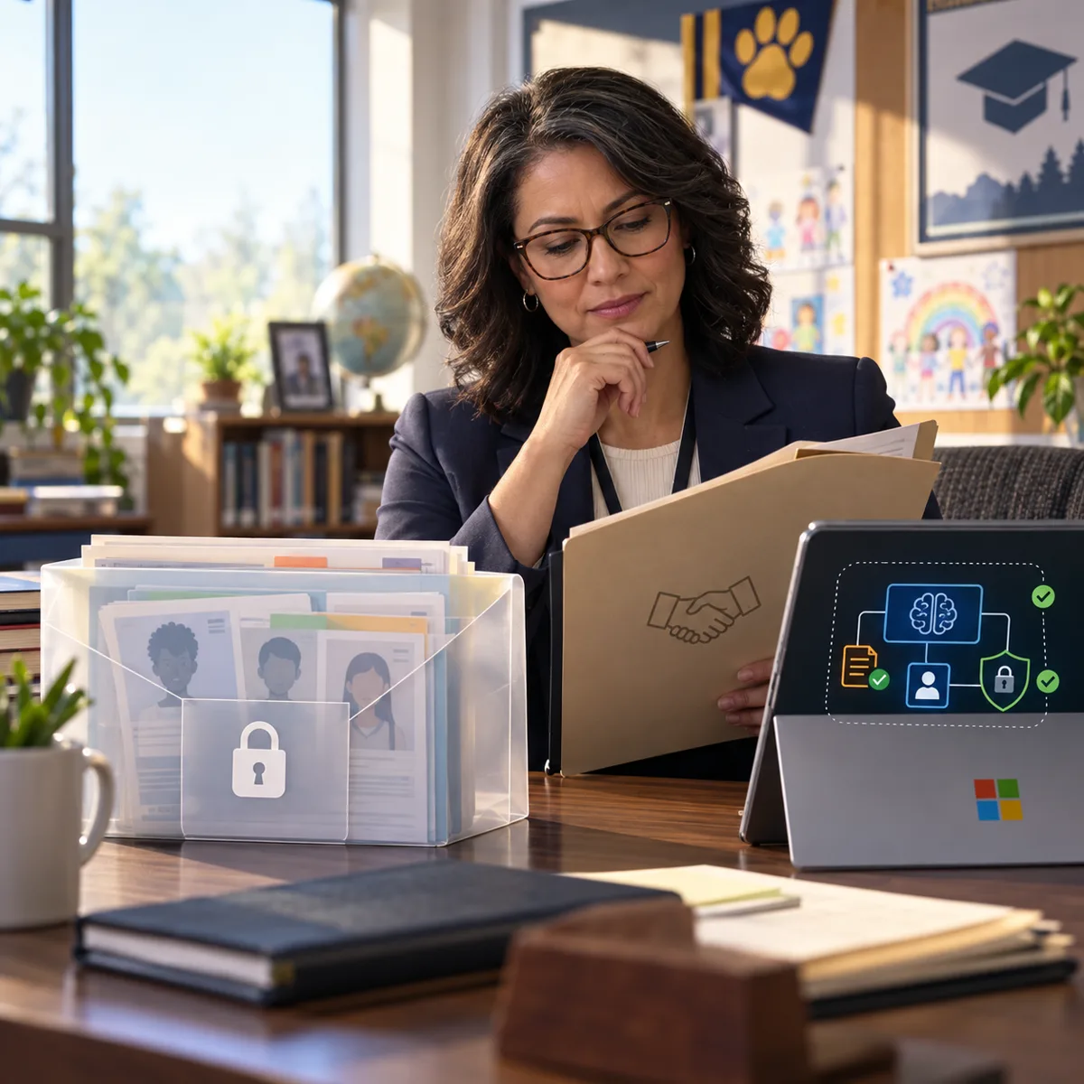 Abstract editorial image of a school administrator reviewing AI privacy contract terms, with student data represented as protected records and no readable text.