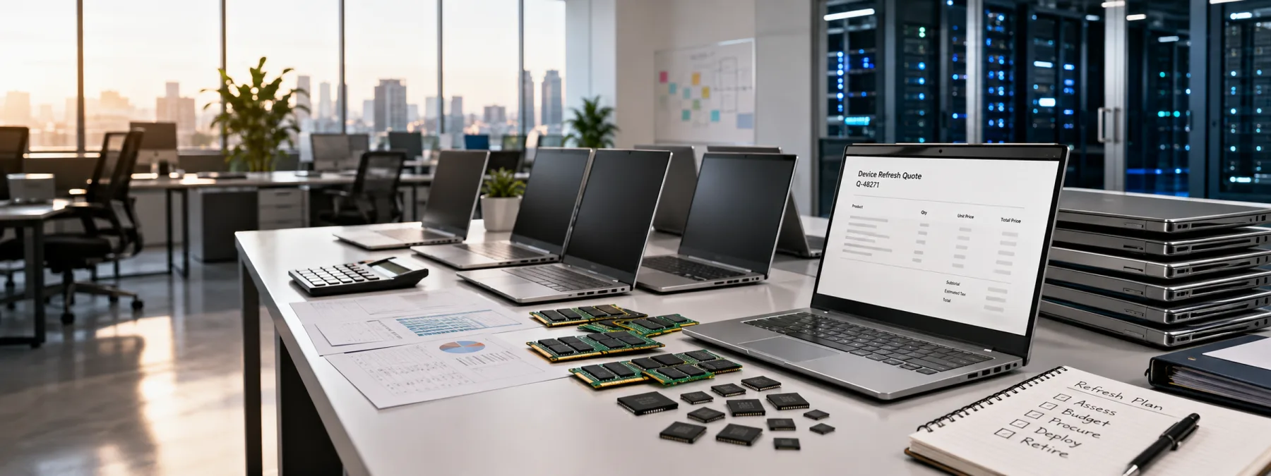 Editorial image of a business device refresh review with laptops, memory chips, lifecycle records, and procurement budget signals.