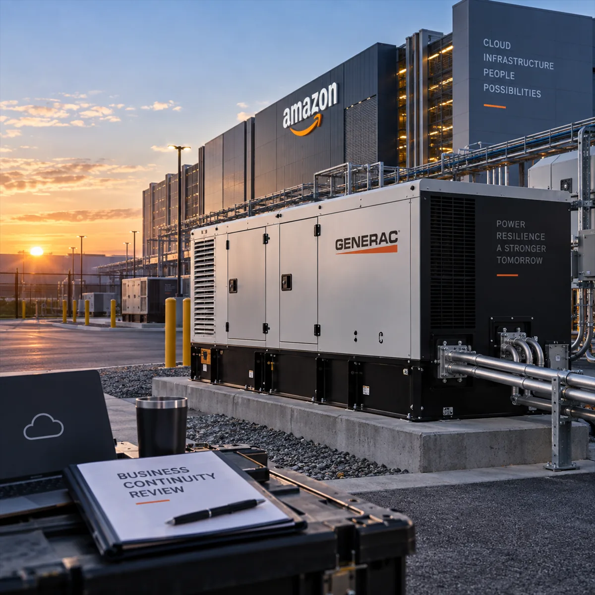 Editorial image showing Amazon-scale data center backup power and business cloud continuity planning.