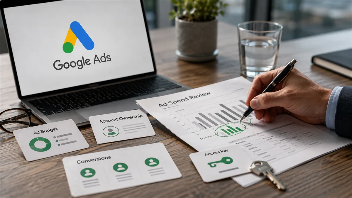 Editorial image of a business owner reviewing Google ad-tech platform dependency, ad spend, and vendor reporting evidence.