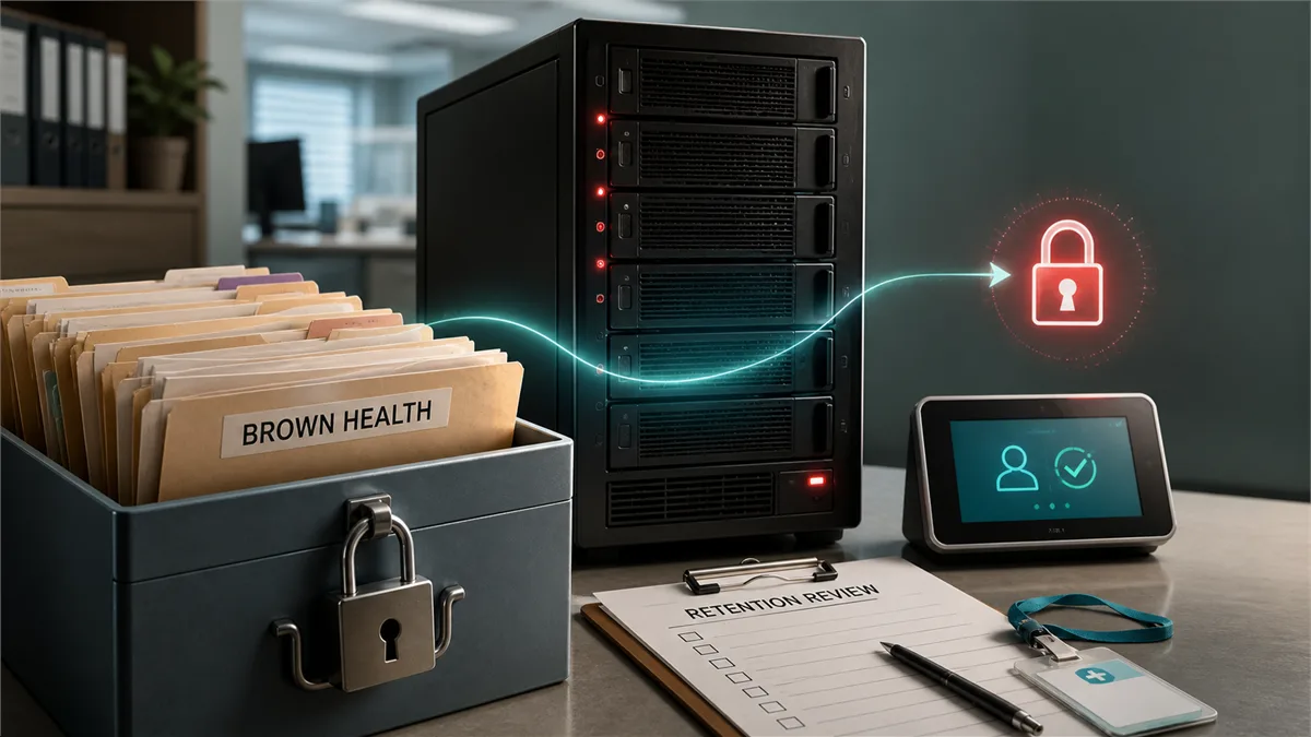 Editorial image of a medical office file server with patient records and access controls under review.