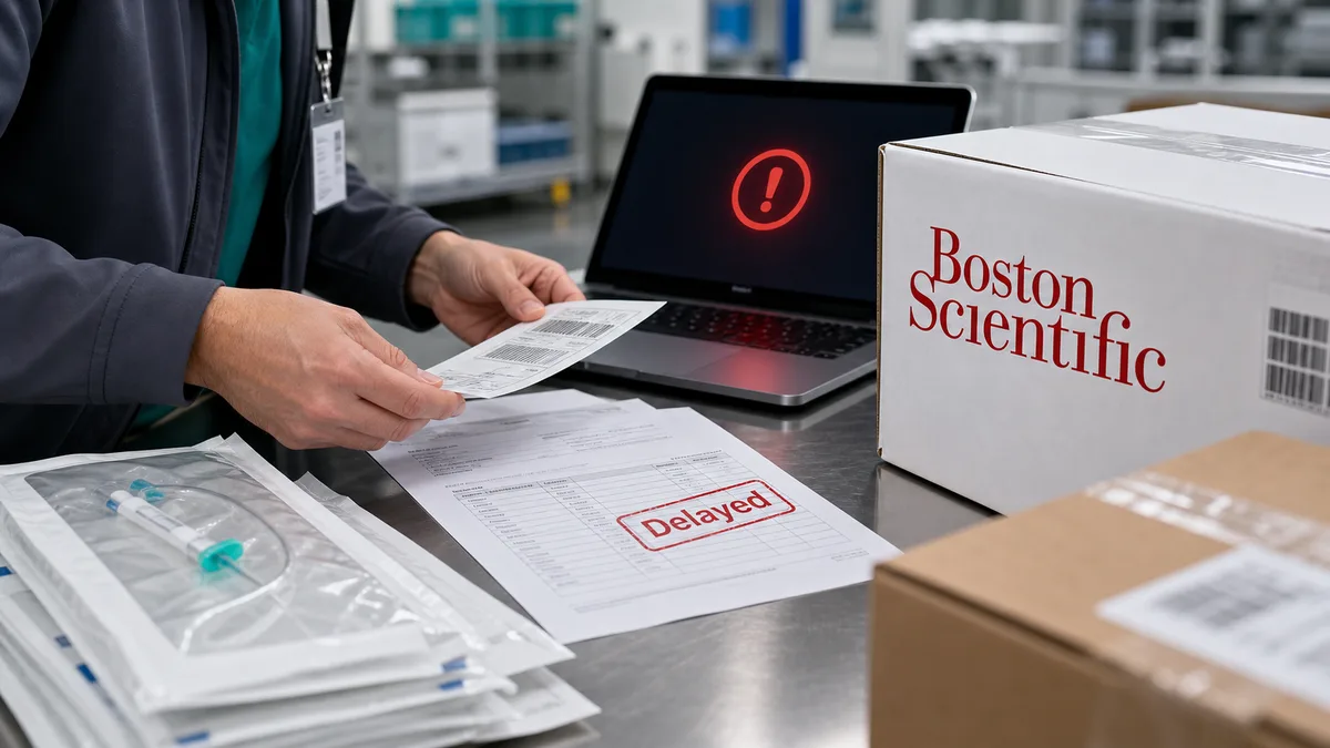 Editorial image showing a medical device vendor outage disrupting order processing and shipping workflows.