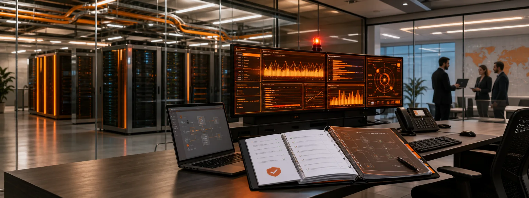 Editorial image of a monitoring platform under review with patch evidence and risk signals around a Splunk-style log console.