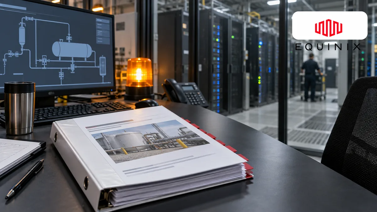 Editorial image of a New Jersey data center operations desk reviewing an incident report after a facility fuel-system failure.