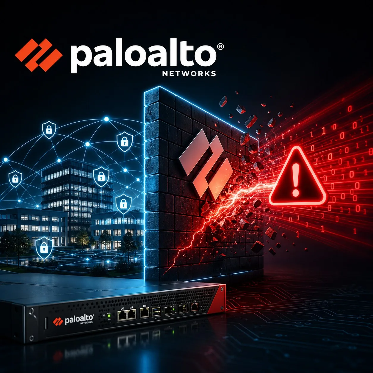 Editorial cybersecurity graphic showing Palo Alto Networks firewall vulnerability warning