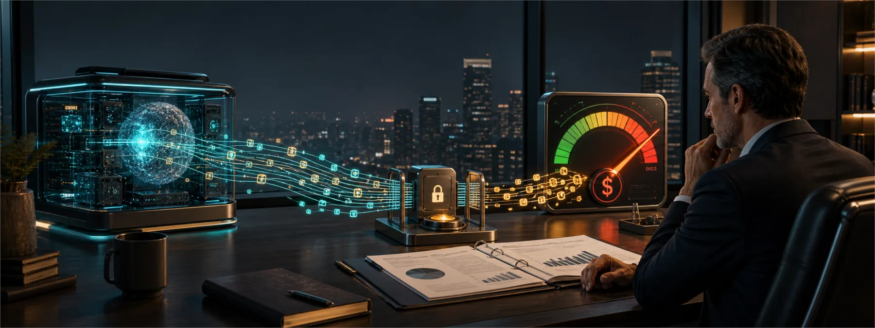 Editorial image of an AI agent spending meter with approval controls and a business owner reviewing usage limits.