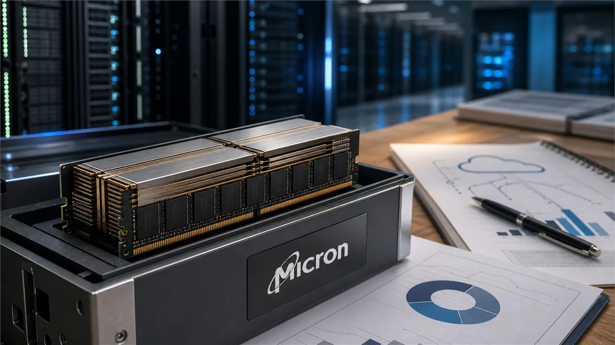 Editorial image of an AI data center memory module supply chain connected to a business planning desk.