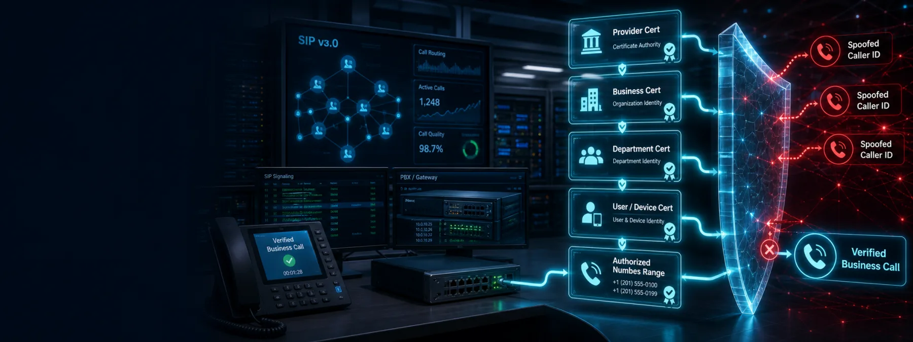 Editorial illustration of SIP v3 caller identity certificates blocking scam calls