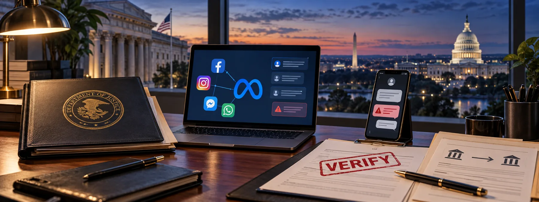Editorial image showing business fraud verification across messages, payment approvals, and account checks after a scam-center crackdown.