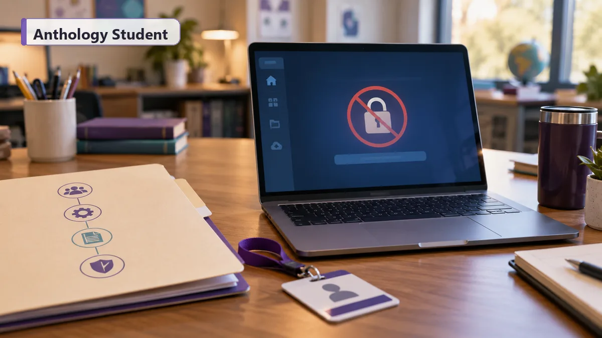Editorial image of a school operations desk with a laptop showing a student system status dashboard and secure access controls.