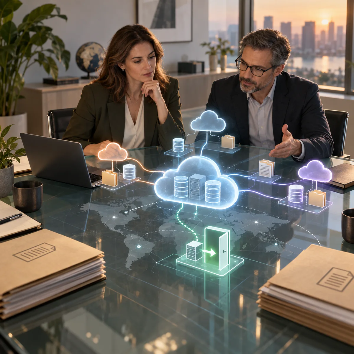 Editorial image of business leaders reviewing a cloud dependency map and vendor exit plan for digital sovereignty.