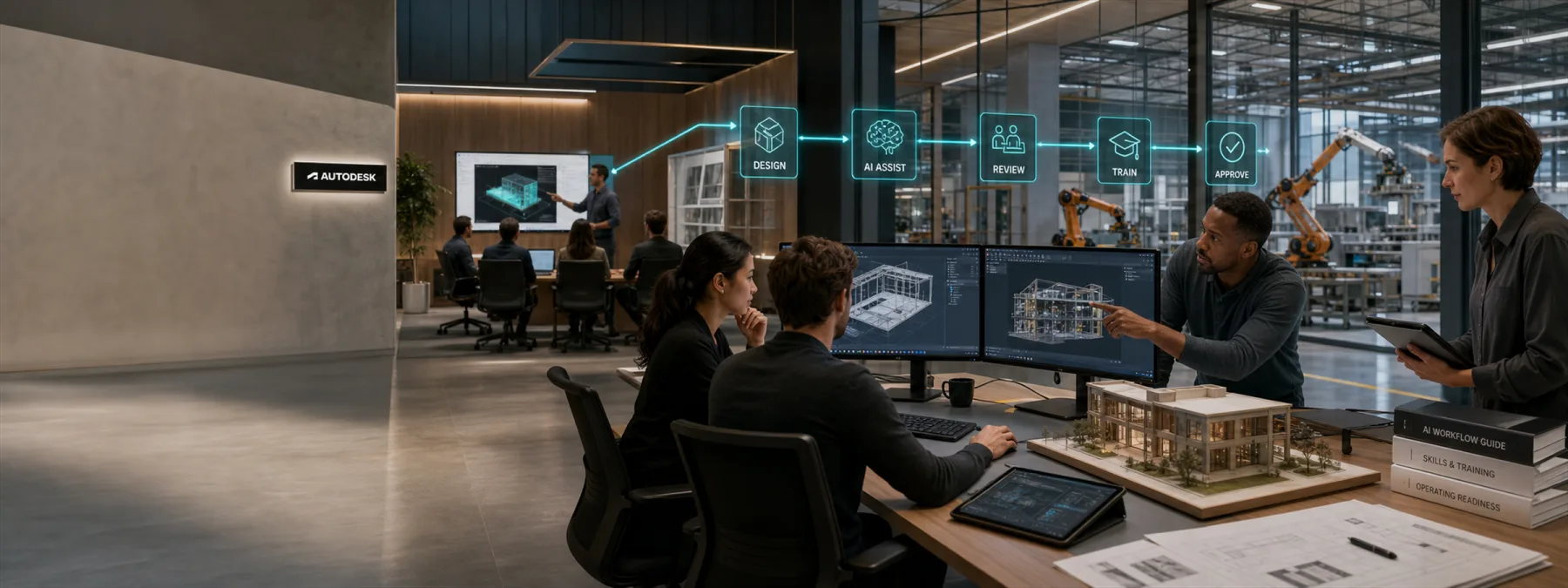 A professional design and manufacturing workspace with AI-assisted tools, training materials, and Autodesk-inspired visual cues.