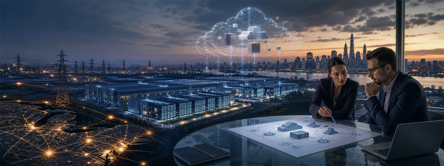 Business owner reviewing AI infrastructure and data center capacity risks on a modern planning table.