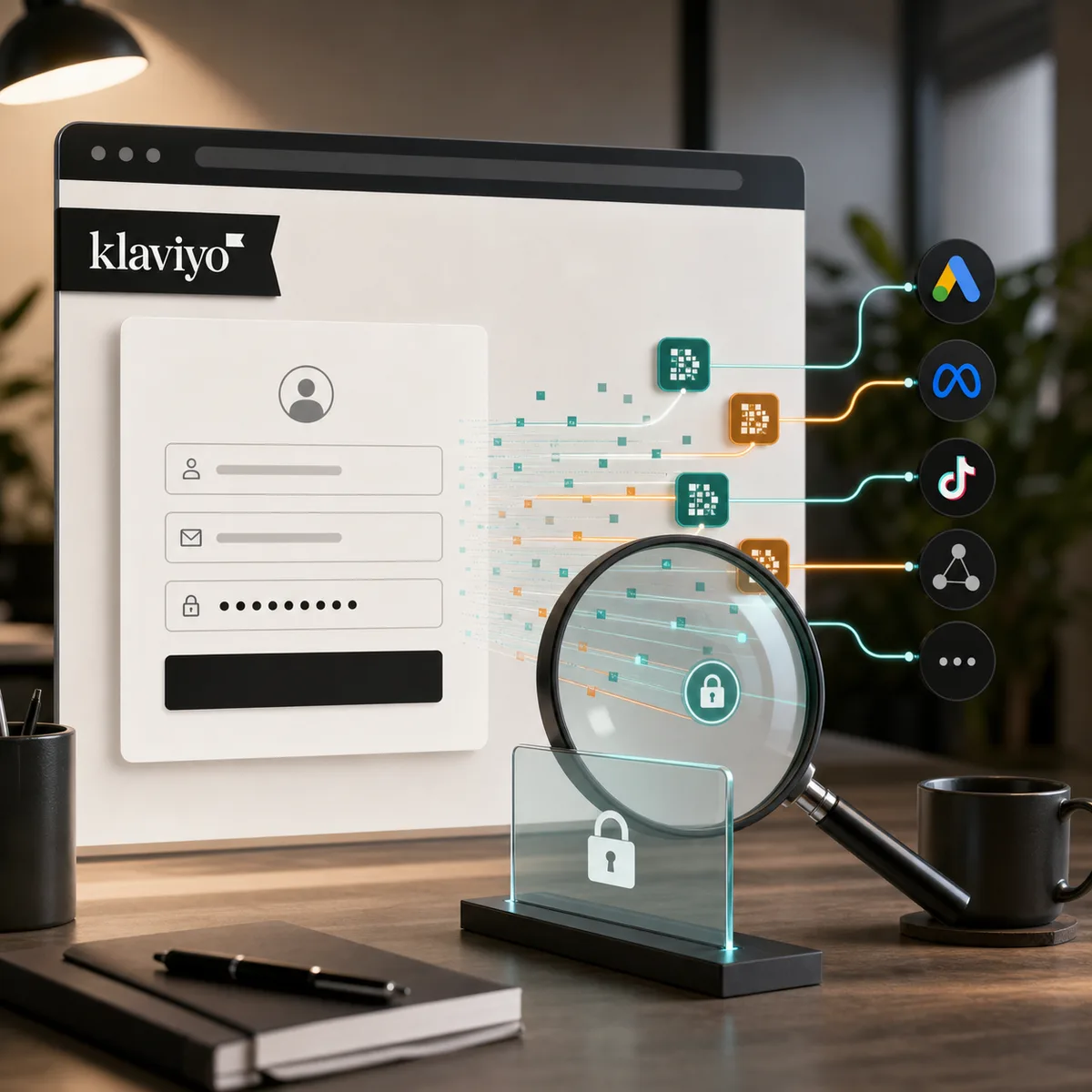 Editorial image of a marketing signup form and tracking pixels being reviewed for password and customer data exposure.