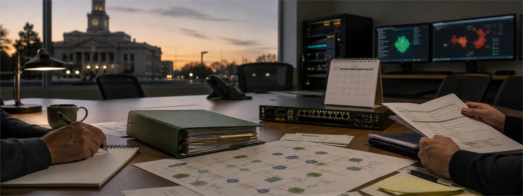Editorial image showing local government cybersecurity funding, a calendar deadline, and monitored public-service systems