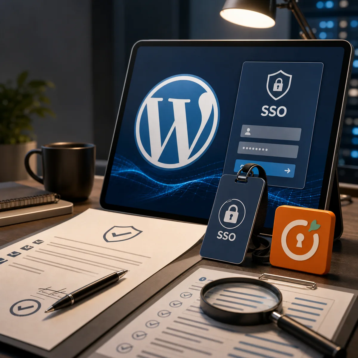 Editorial image of a WordPress administrator login protected by SAML SSO with a vendor update review on a business desk.