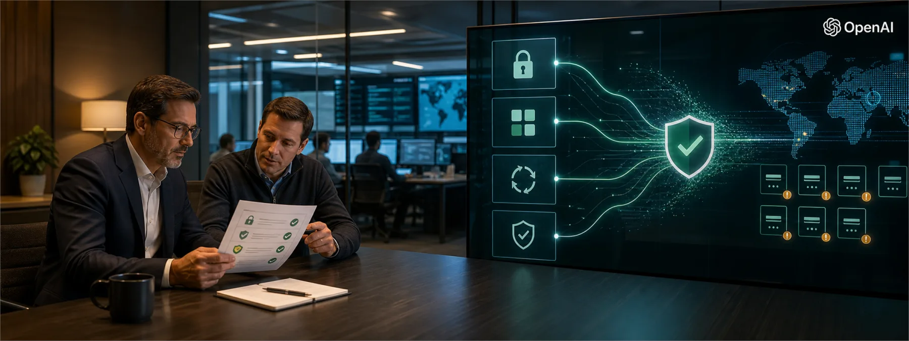 Business owner reviewing cyber defense evidence as AI threat signals appear on a security operations display.