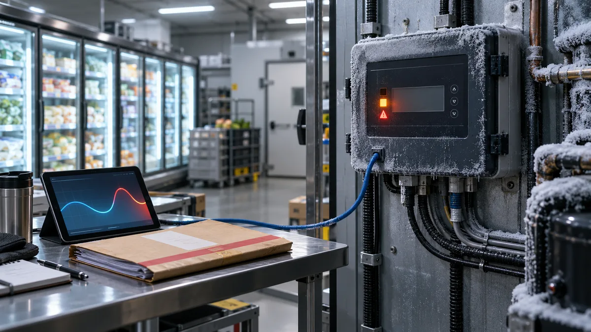 Editorial image showing connected refrigeration control systems under review after a cyberattack disrupted store operations.