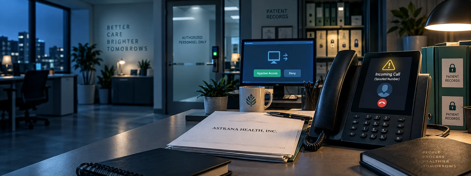 A healthcare office access desk with a spoofed caller warning and remote access approval prompt, shown as editorial technology artwork.