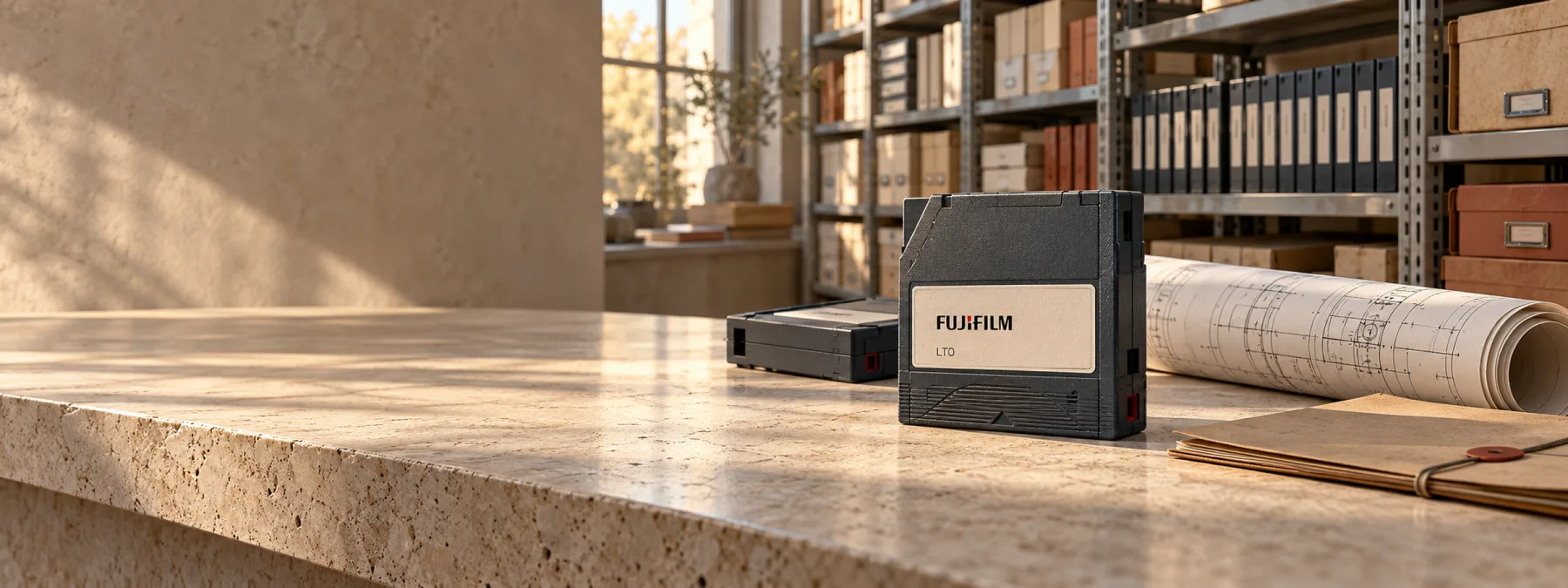 Conceptual editorial illustration of Fujifilm-marked data-tape cartridges and engineering drawings in a sunlit archive setting.