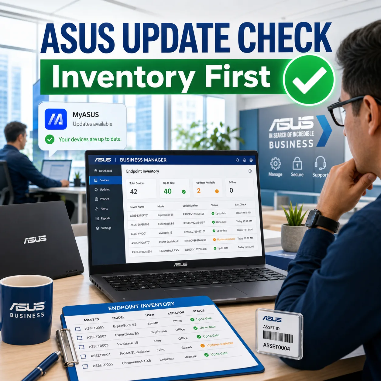 ASUS business laptops on an office desk with endpoint inventory and update status visuals.