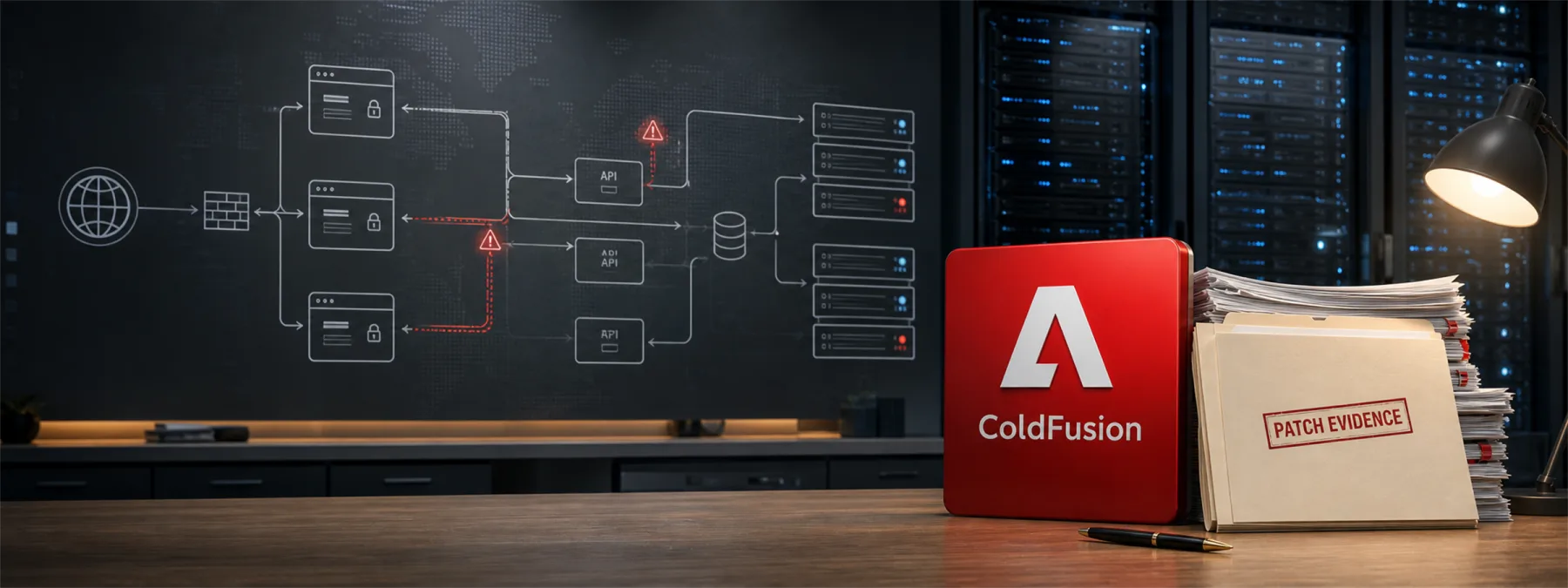 Editorial image showing Adobe ColdFusion web application patch evidence and server security review