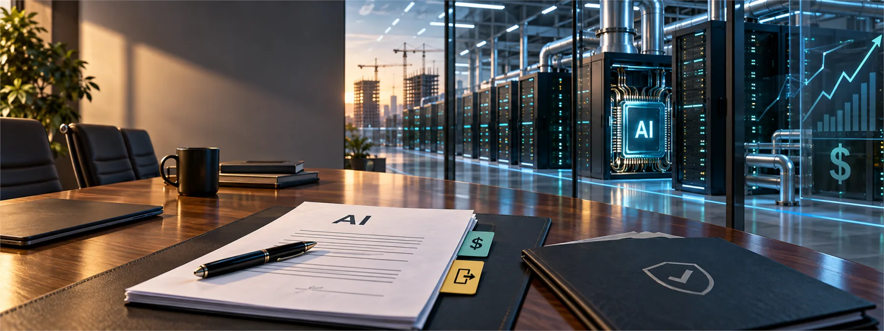 Business owner reviewing an AI vendor contract with data center financing and cloud infrastructure signals in the background.