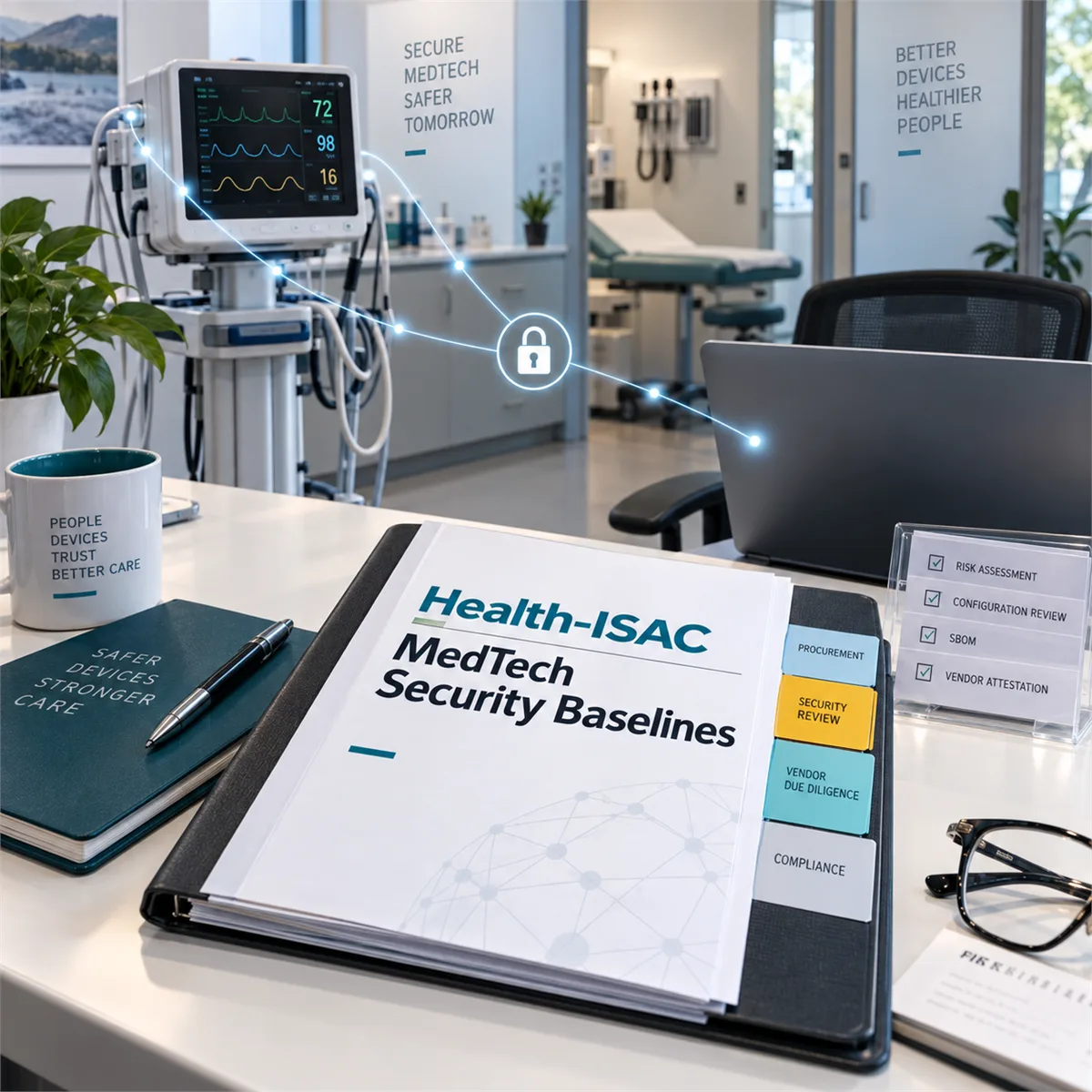 Editorial image of connected medical devices, procurement documents, and cybersecurity evidence review.