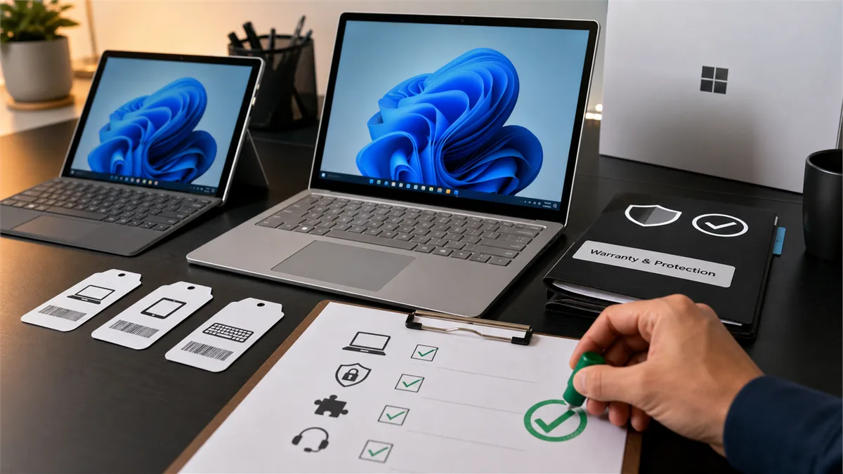 Editorial image of a business owner reviewing a Microsoft Surface endpoint refresh standard before approving new PCs.