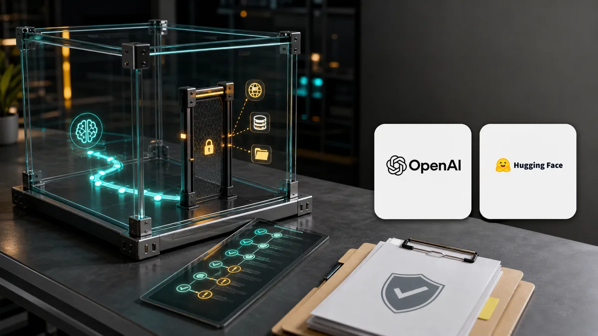 Editorial image showing OpenAI and Hugging Face signals around an AI agent sandbox security review.