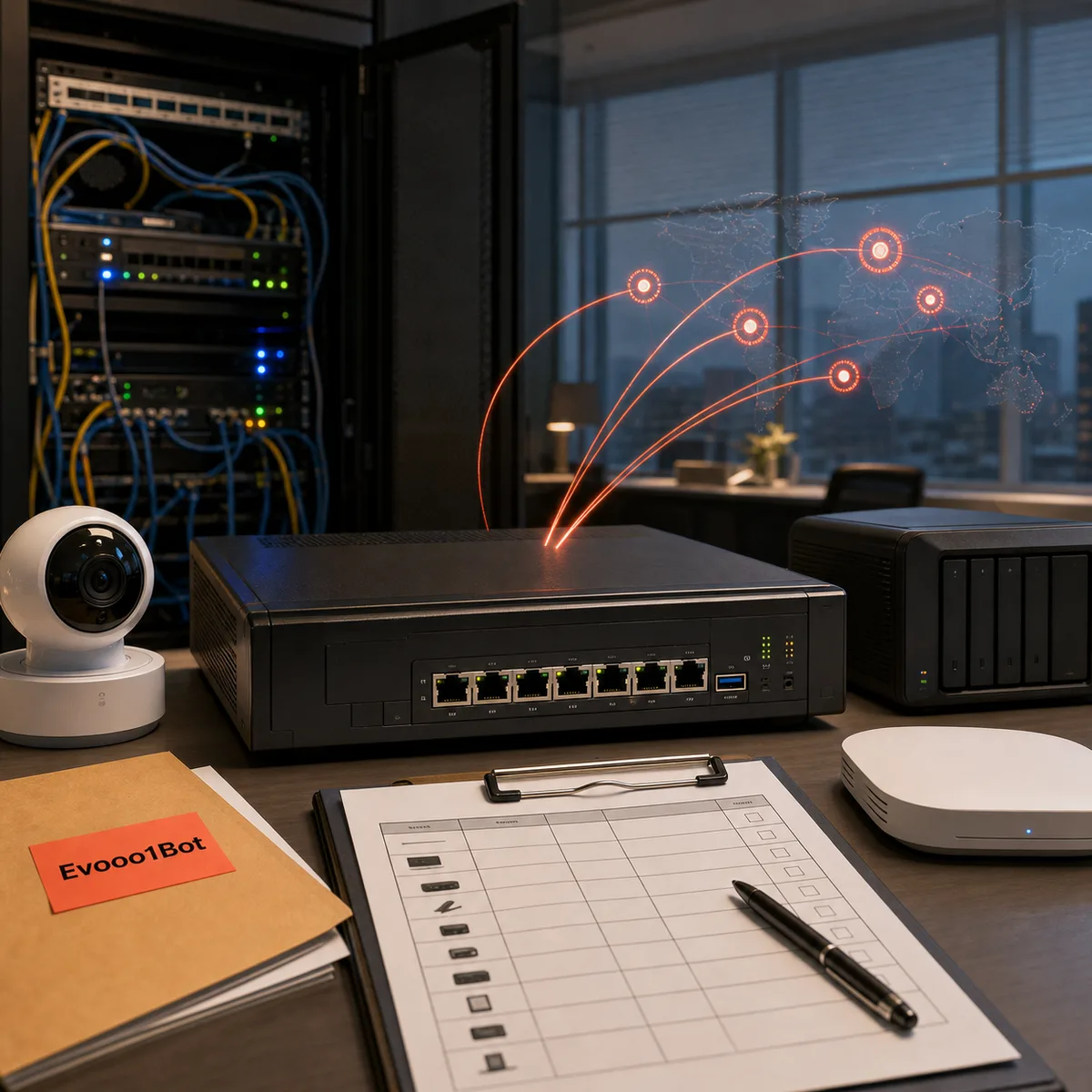 Editorial image of an exposed office router and edge devices being reviewed for botnet relay risk.