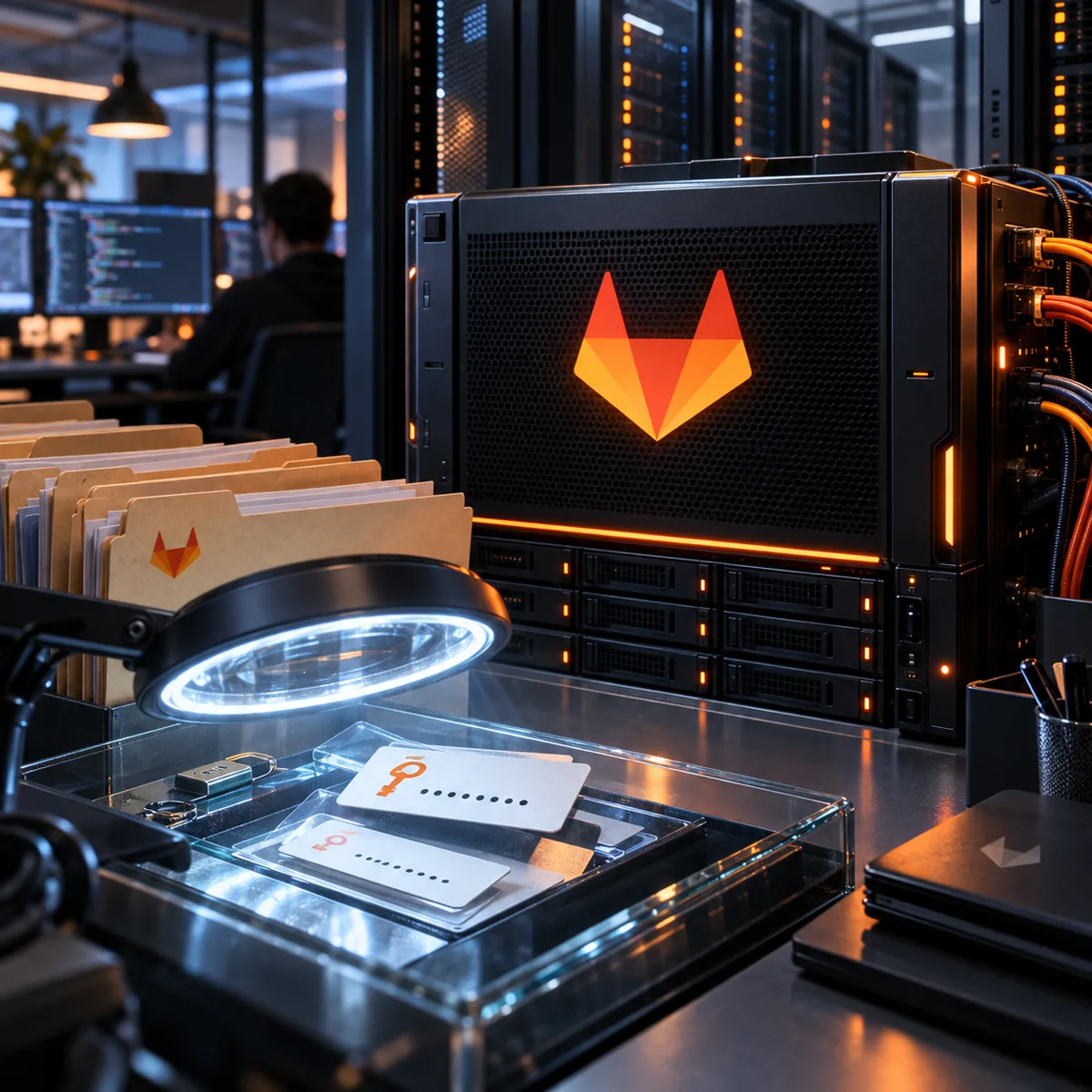 Editorial image of a GitLab development server under review for exposed code secrets and access tokens.